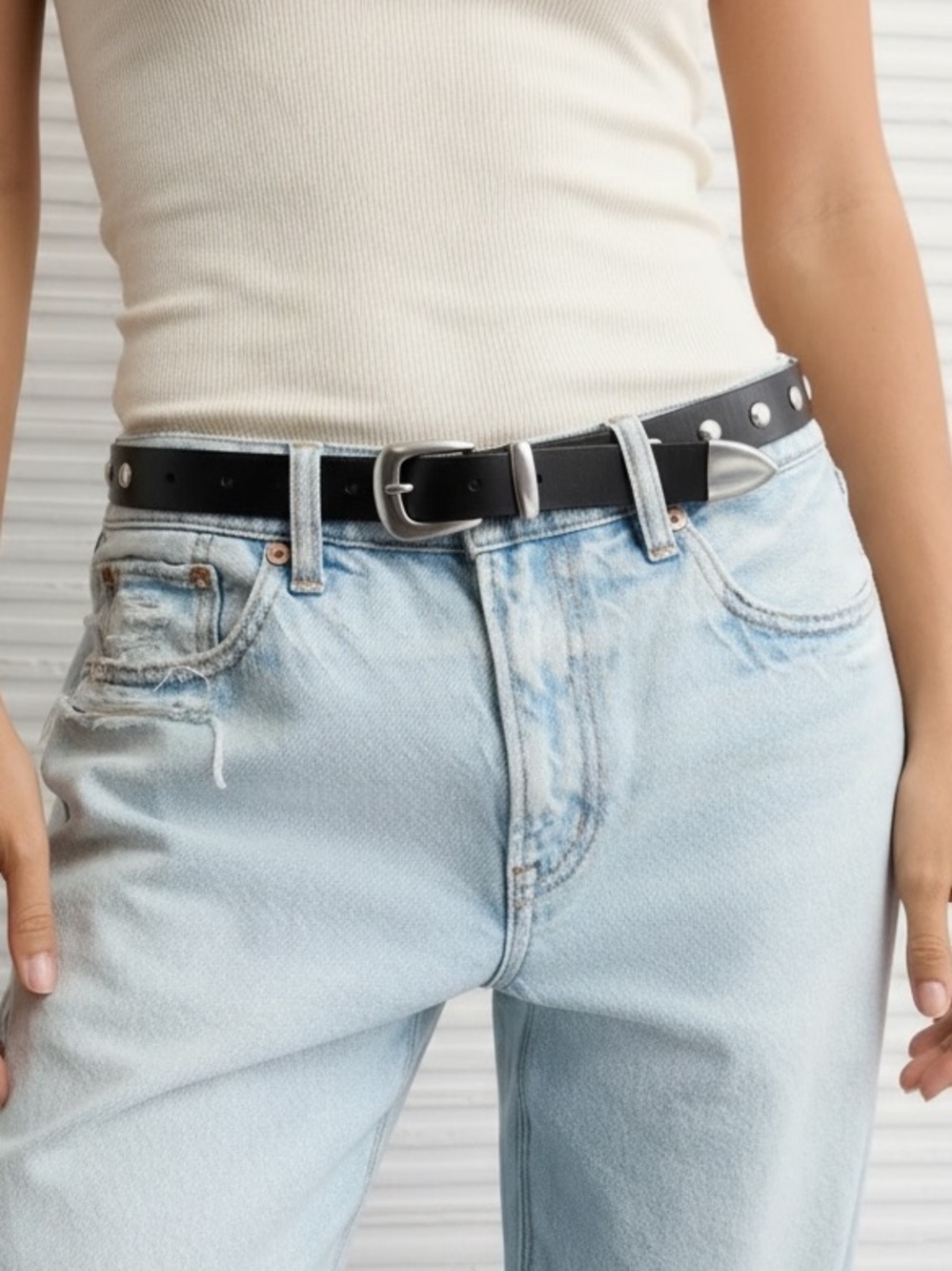 American Eagle Outfitters Ae Western Studded Belt Women’s Sz L Black Leather